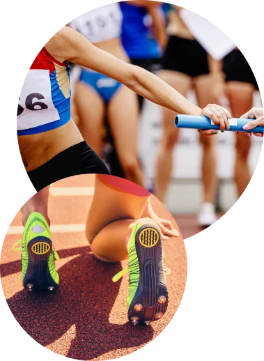 Plano aproximado de atletas de estafeta a passar o testemunho numa pista de atletismo, com foco na velocidade, trabalho de equipa e competição